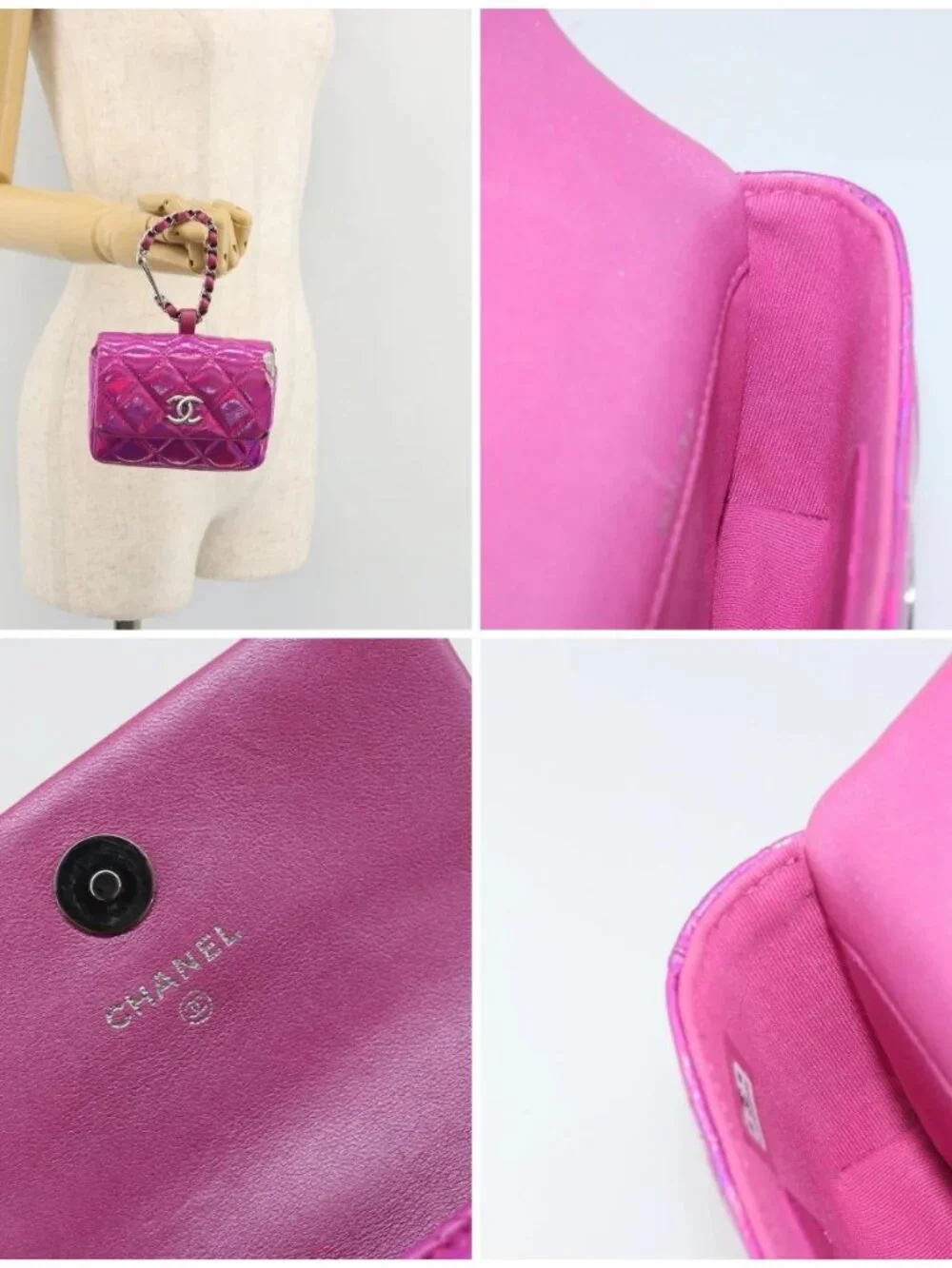 CHANEL Matelasse Carabiner Pouch Patent leather Pink Silver CC Auth YKZ1380A